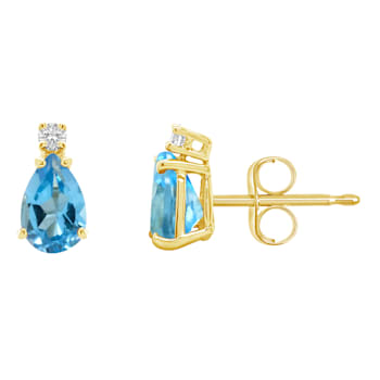 6x4mm Pear Shape Blue Topaz with Diamond Accents 14k Yellow Gold Stud Earrings