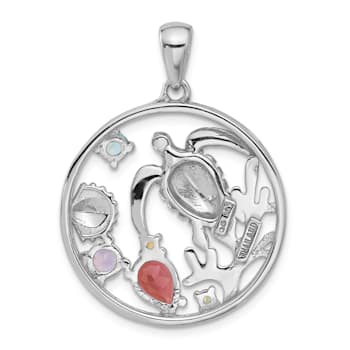 Rhodium Over Sterling Silver Rainbow Multi-Gemstone Sea Turtle Pendant