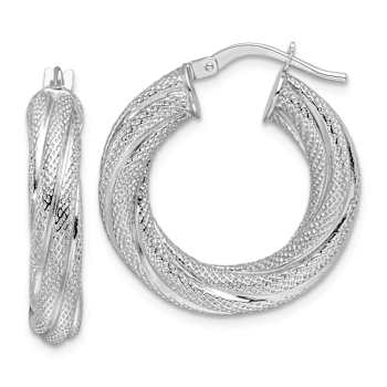Rhodium Over 14k White Gold 1" Textured Twisted Round Hoop Earrings