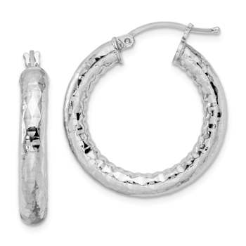 Rhodium Over Sterling Silver 4.00mm Diamond-cut Hoop Earrings