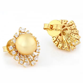 Golden South Sea Shell Pearl And CZ Earrings In 18K Gold Over Sterling
Silver 10mm