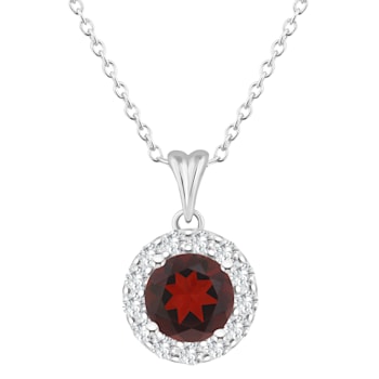 7mm Round Garnet and White Topaz Accent Rhodium Over Sterling Silver
Halo Pendant w/Chain