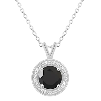 7mm Round Black Onyx 1/8 ctw Diamond Rhodium Over Sterling Silver Halo
Pendant with Chain