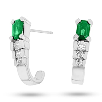 1.35ctw Emerald and Diamond J Hoop Earrings in 14k White Gold