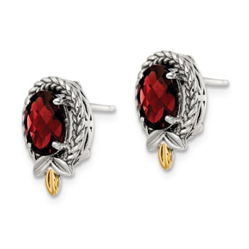 Sterling Silver with 14K Accent Antiqued Braided Oval Garnet Post Earrings