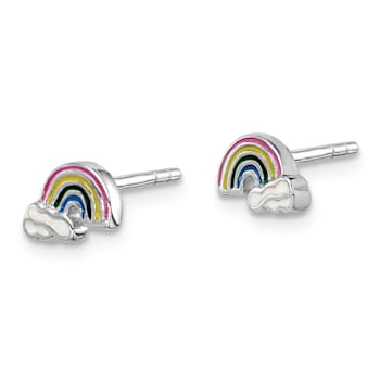 Rhodium Over Sterling Silver Enamel Rainbow Children's Post Earrings