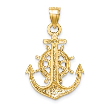 14k Yellow Gold Satin and Diamond-Cut Anchor Pendant