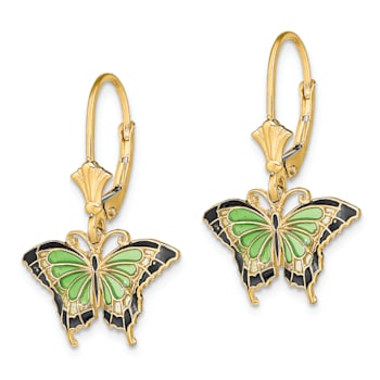 14k Yellow Gold Butterfly with Green and Black Enameled Wings Dangle Earrings