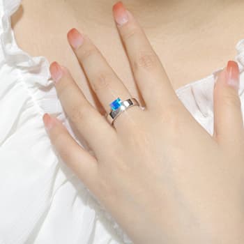 Lab Created Blue Opal Rhodium Over Sterling Silver Offset Ring Blue Opal Ring