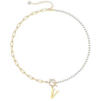 14K Gold Over Brass Initial Pearl Simulant Link Chain Necklace Letter V