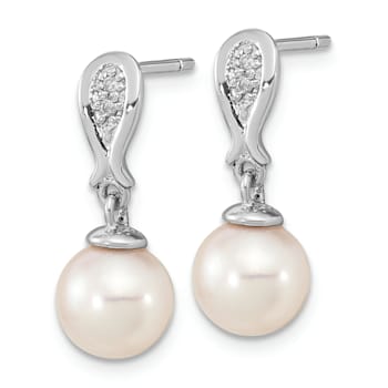 Rhodium Over 14K White Gold 7-8mm Round White Saltwater Akoya Pearl
0.03ctw Diamond Dangle Earrings