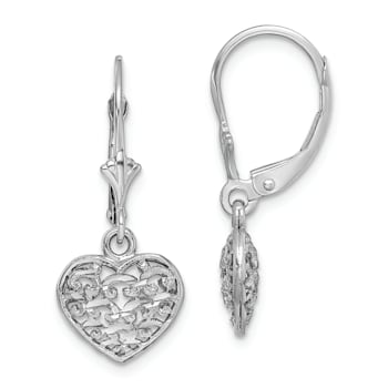 Rhodium Over 14k White Gold 3D Mini Diamond-cut Puffed Heart Dangle Earrings