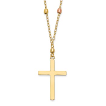 14K Yellow, White and Rose Gold Diamond-cut Beaded Cross Necklace