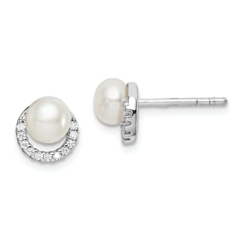 Rhodium Over Sterling Silver Freshwater Cultured Pearl Cubic Zirconia
Post Earrings