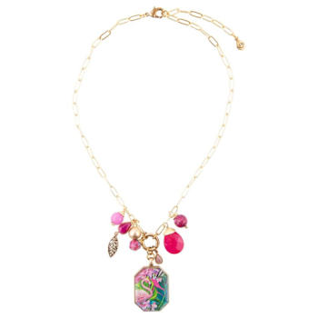 Barse Jewelry Pink Agate & Multi-Gemstone Gold Tone Flamingo Charm Necklace