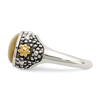 Sterling Silver Antiqued with 14K Accent Floral Oval Mother Of Pearl Ring