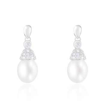 7.5-8mm White Cultured Freshwater Pearl Rhodium Over Sterling Silver Earrings