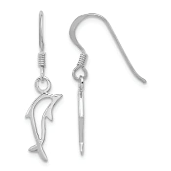 Rhodium Over Sterling Silver Polished Dolphin Dangle Earrings