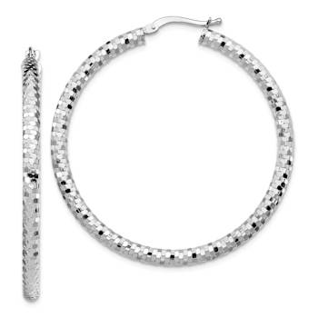 Rhodium Over 14k White Gold 1 3/4" Diamond-Cut Hoop Earrings