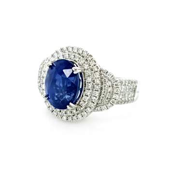 6.35 Ctw Blue Sapphire and 1.34 Ctw White Diamond Ring in 14K WG