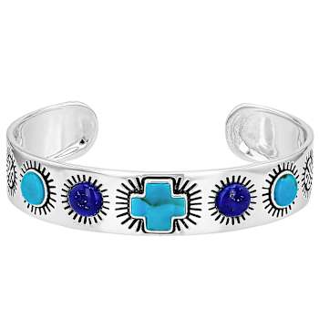 Turquoise And Lapis Lazuli Sterling Silver Cross Cuff Bracelet 7mm 11x11mm