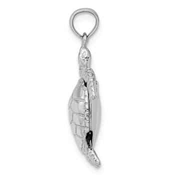 Rhodium Over 14k White Gold 3D Textured Moveable Sea Turtle Pendant