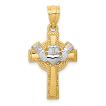14K Yellow Gold with White Rhodium Accent Claddagh Cross Pendant