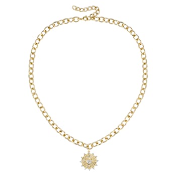 Vintage Shield CZ Pendant Curb Chain Necklace In 14K Gold Over Brass