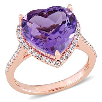 Amethyst and Diamond 14K Rose Gold Halo Ring 6.78ctw