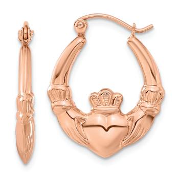 14k Rose Gold Polished 7/8" Claddagh Hoop Earrings
