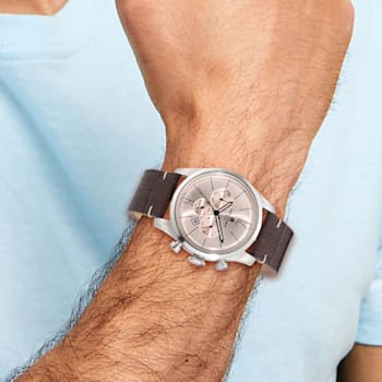 Charles Hubert Men's Stainless Steel Leather Band 46mm Dual Time Watch