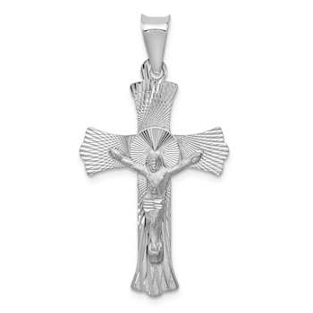 Rhodium Over 14k White Gold Satin, Textured and Diamond-Cut Crucifix Pendant