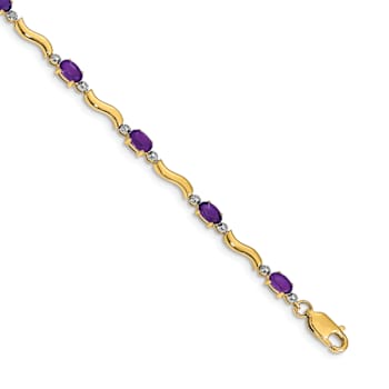 10k Yellow Gold and Rhodium Over 10k Yellow Gold Diamond and Amethyst Bracelet
