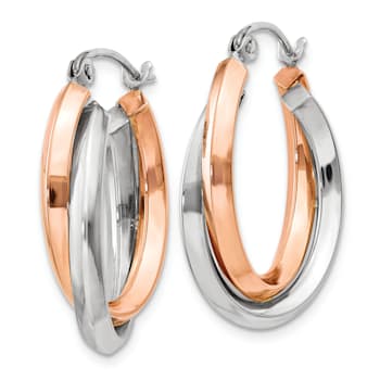 14K Rose Gold and 14K White Gold Polished 7/8" Oval Tube Hoop Earrings