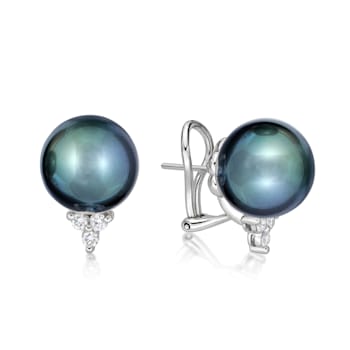 14KW Earrings 0.30 ctw Diamond 11 mm  Tahitian Black Cultured Pearl