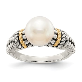 Sterling Silver Antiqued with 14K Accent 8mm Freshwater Cultured Pearl Ring
