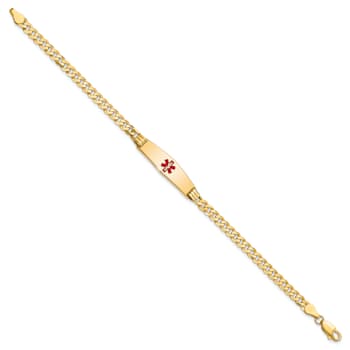 14k Yellow Gold Medical Soft Diamond Shape Red Enamel Curb Link ID Bracelet