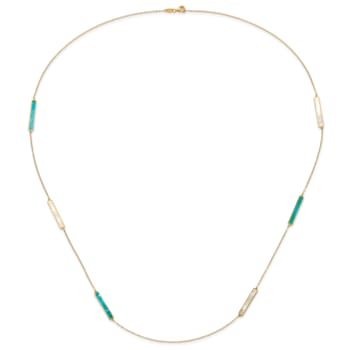 14K Yellow Gold Teal and White Color Mother Of Pearl Bar 34 Inch Necklace