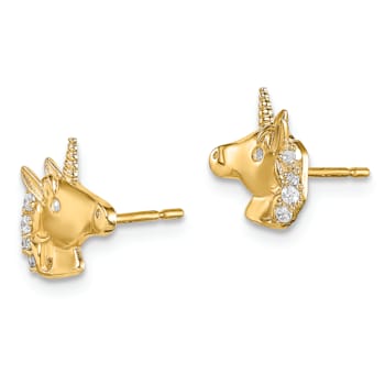 14K Yellow Gold Unicorn Cubic Zirconia Stud Earrings