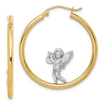 14K Yellow Gold and Rhodium Over 14K Yellow Gold Textured 1 3/16"
Angel Hoop Earrings