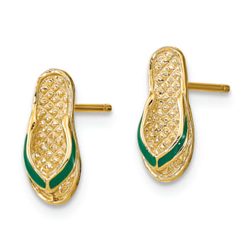 14K Yellow Gold 3D Textured and Green Enamel Flip-Flop Earrings