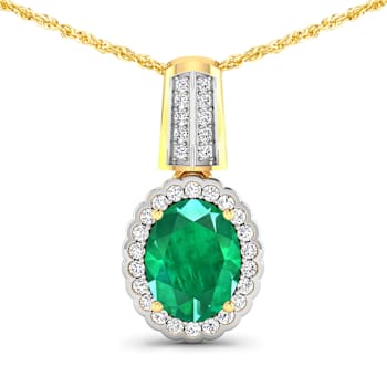 1.65ctw 14K Yellow Gold Zambian Emerald and White Diamond Pendant with
18 inch Cable Chain