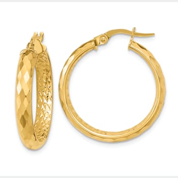 14k Yellow Gold Polished, Textured and Diamond-Cut Inside 1" Fancy
Hoop Earrings