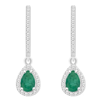 6x4mm Pear Shape Emerald 1/3 ctw Diamond Rhodium Over Sterling Silver
Halo Dangle Earrings