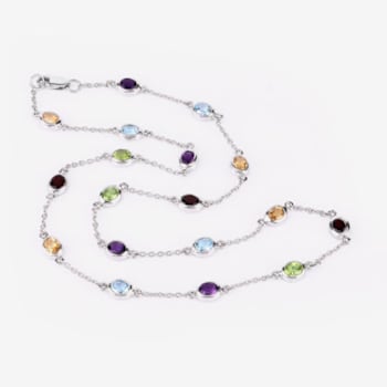 Multi Gemstone Rhodium Over Sterling Silver Station Necklace