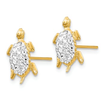 14k Yellow Gold Textured Crystal White Turtle Stud Earrings