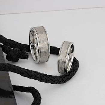 THORNTON Hammered Finish White Tungsten Carbide Wedding Band with Offset
Grooves/Polished Edges 6mm