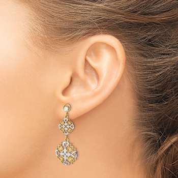 14k Yellow Gold and Rhodium Over 14k Yellow Gold Diamond-Cut Flower and
Heart Dangle Earrings