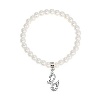 White Faux Pearl Bead Initial Charm Stretch Bracelet