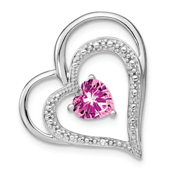 Rhodium Over 14k White Gold Created Pink Sapphire and Diamond Heart
Chain Slide Pendant
